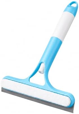 3-in-1 Window and Mirror Cleaner Tool, Bathroom Glass Scraper with Removable Washing Pad, Squeegee and Scrubber for Home Cleaning (Blue)