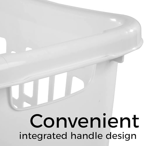 Large Plastic Laundry Hamper, White, Slim Rectangular, Ventilated, 63 Liter, Reinforced Handles, Clothes Basket for Bathroom, Dorm, and Closet