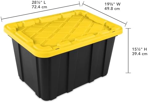 6 Pack 27 Gallon Heavy Duty Storage Bins with Snap Lids, Durable Plastic Storage Totes with Stackable Black Containers & Yellow Latching Covers for Home Garage Moving Organization