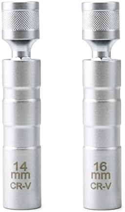 QWORK 14mm&16mm Magnetic Swivel Spark Plug Socket, Thin Wall Magnetic Rotating 3/8" Drive 12 Point Standard Spark Plug Socket Removal Tool 360-degree Rotation for Maximum Flexibility