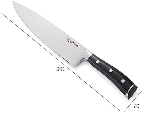Amazon Basics Classic 8-inch Full Tang High Carbon Stainless Steel Chef's Knife, Multipurpose Kitchen Knife with Three Rivets, Silver