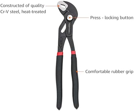 Amazon Basics 3-Piece Quick Release Groove Joint Pliers Set, Drop Forged Chrome Vanadium Steel with Comfortable Rubber Grip, Adjustable, 7-inch, 10-inch, and 12-inch, Black