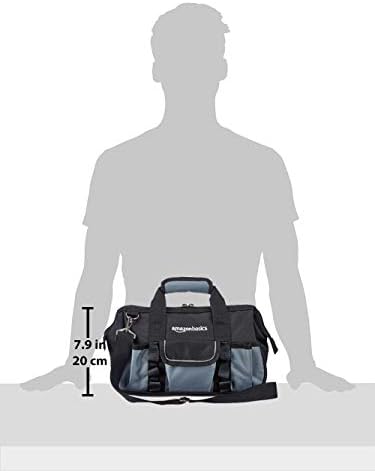 Amazon Basics Durable Wear-Resistant Tool Storage Bag with Adjustable Shoulder Strap, Portable Tool Organizer, 16 Pockets, 12 in, Black & Gray