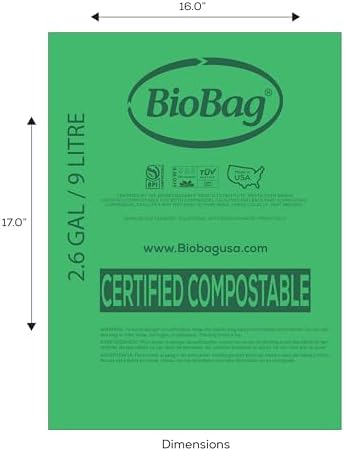 2.6 Gallon Compostable Food Scrap Bags by BioBag, 100 Count, BPI Certified, Meets ASTM D6400 Standards, Made in USA, Kitchen Counter Bin Liners