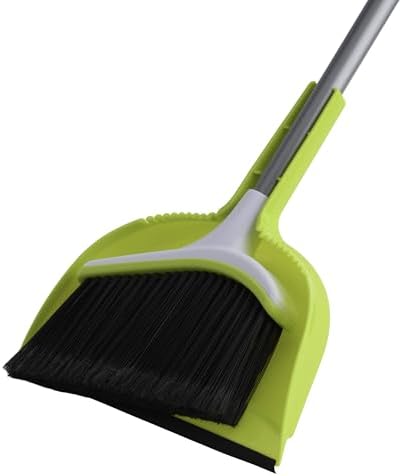 Casabella Basics 2-Piece Angled Broom and Dustpan Set, 44" Angled Broom with Long Handle and Dustpan, Silver/Green