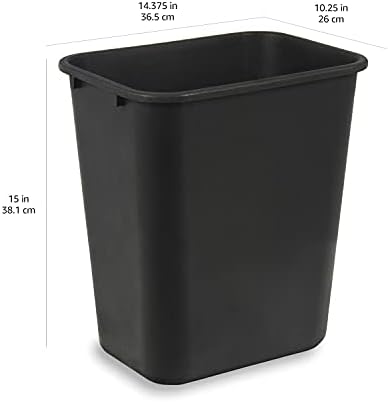Amazon Basics Rectangular Plastic Office Wastebasket,14.4"L x 10.3"W x 15"H, 7 Gallon, Easy to Clean, Black, Pack of 2