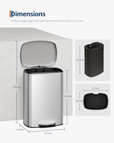 GarveeHome Stainless Steel Kitchen Trash Can, 13 Gal / 50 L Step-On Garbage Bin with Soft Close Lid, Large Rustproof Metal Trash Can for Kitchen, Silver