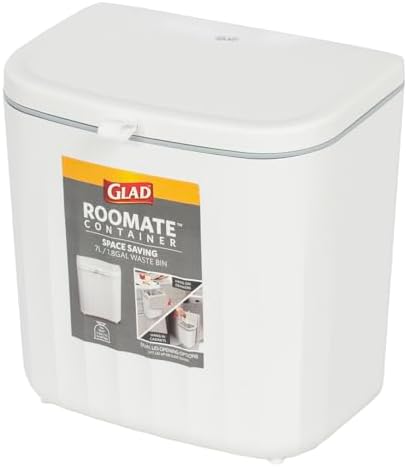 Glad Roomate Under Counter Waste Bin | Space Saving Small Trash Can for Kitchen Cabinet, Bathroom or Office | Dual Lid for Ease of Opening, 7 Liter, White