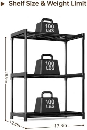 3-Tier Storage Shelves with Plastic Connectors – Metal Shelf Organizer for Pantry, Closet & Bathroom, Space-Saving Sturdy Shelving Unit Rack, Black, 17.3" x 12.8" x 28.9"