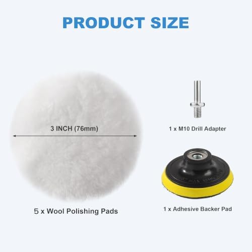 S SATC Wool Polishing Buffing Pad Set with 5PCS 3 Inch Wool Buffing Wheel for Drill, Hook and Loop Back Pad with M10 Drill Adapter, Compound Waxing and Polishing for Car Polisher
