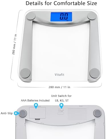 Vitafit Bathroom Scale for Body Weight Accuracy 0.1lb, 400lb,Clear Glass