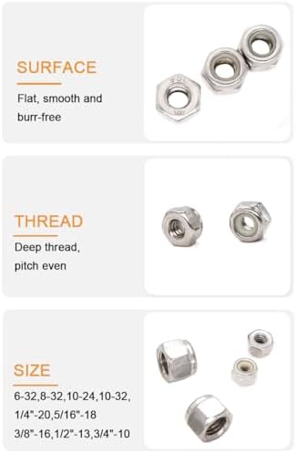 50pcs 1/4-20 Inch Nylon Inserted Self Locking Nuts - 304 Stainless Steel, 1/4" Nylock Nuts for Furniture, Tools, Handle