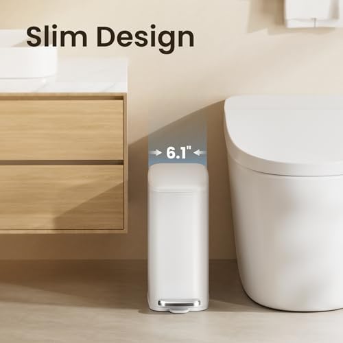 Cesun Slim Bathroom Trash Can with Lid, Soft Close, White, 6L/1.6 Gallon