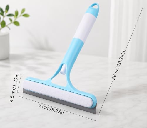 3-in-1 Window and Mirror Cleaner Tool, Bathroom Glass Scraper with Removable Washing Pad, Squeegee and Scrubber for Home Cleaning (Blue)