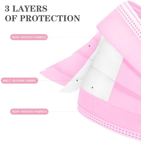 DC-BEAUTIFUL 100 Pcs Pink Disposable 3 Ply Earloop Face Masks,Fit for Adults