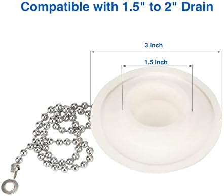 2 Packs Tub Stopper, Rubber Bathtub Stoppers Drain Plug with 15" Stainless Steel Beaded Chain, Premium Bathroom Plug Fit for 1.5" to 2" Kitchen Sink, Bathroom Bath tub, Drain Stopper, White