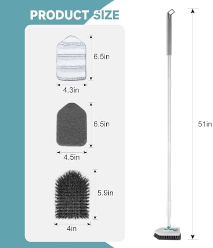 nacena Shower Scrubber with Long Handle, 3 in 1 Tile Tub Scrubber Brush with 3 Detachable Cleaning Heads Adjustable Handle Shower Cleaner Brush for Bathroom, Kitchen, Toilet, Wall, Sink, Blue White