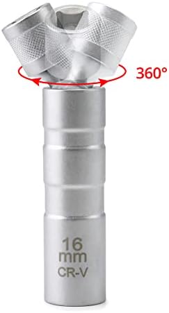 QWORK 14mm&16mm Magnetic Swivel Spark Plug Socket, Thin Wall Magnetic Rotating 3/8" Drive 12 Point Standard Spark Plug Socket Removal Tool 360-degree Rotation for Maximum Flexibility