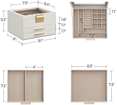 SONGMICS Jewelry Box Organizer, 3-Layer Storage with 2 Drawers, Glass Lid