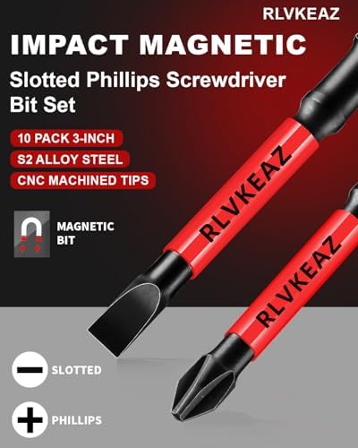 3-Inch Long Magnetic Screwdriver Bit Set, Phillips Slotted, 10-Pack