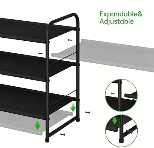 Ekisemio 3-Tier Stackable Shoe Rack – Expandable & Adjustable Fabric Shoe Organizer, Space-Saving for Closet, Black