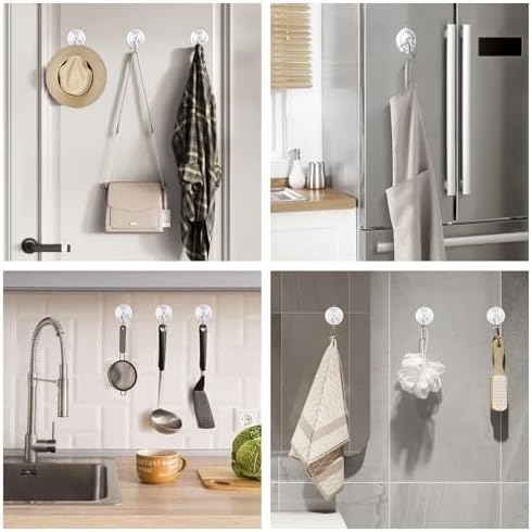 KORCCI Suction Cup Hooks 6Pack - Max Load 10LB, No Trace, Reusable & Removable, 1.77Inch Clear Medium Suction Cups, Stainless Steel Hooks, for Tile, Glass, Window, Shower, Kitchen, Bathroom, Decor