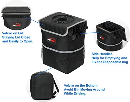 EPAuto Waterproof Car Trash Can with Lid and Pockets, 2.5 Gal, Black