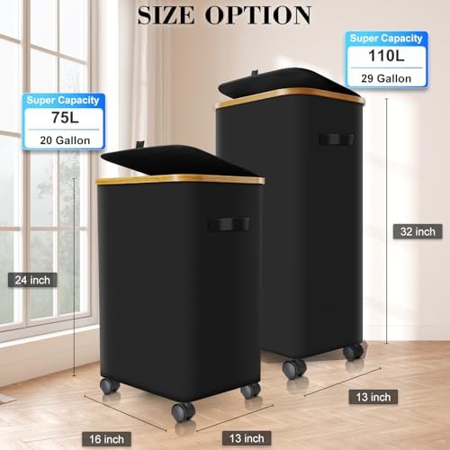 Laundry Hamper with Wheels, 75L Rolling Laundry Basket with Lid