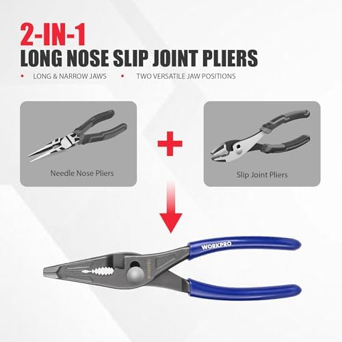 WORKPRO 8-Inch Long Nose Slip Joint Pliers, CR-V Steel Needle Nose Pliers