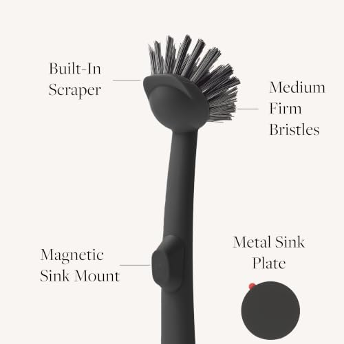 Earth & Mango Magnetic Dish Brush & Scraper, Snaps to Sink, Onyx Black