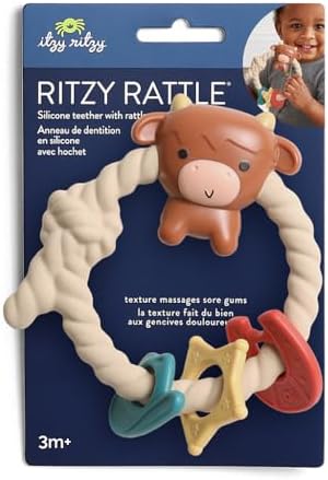 Itzy Ritzy Rattle Teether, Silicone Teething Toy w/ 3 Rings (Highland Cow)