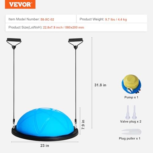 VEVOR Half Exercise Ball Trainer, 23/26 inch Balance Ball Trainer, 1500lbs Capacity Stability Ball, Yoga Ball with Resistance Bands & Foot Pump, Strength Fitness Ball for Home Gym Full Body Workout