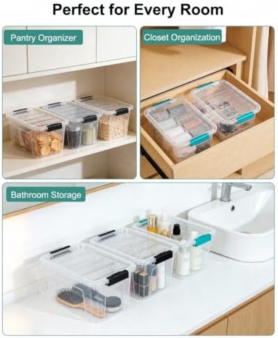 EOENVIVS Plastic Storage Bins with Lids 6 Pack, 7 Quart Storage Containers With Black Buckle Latch, Stackable Storage Organizers for Home Pantry Office Classroom Organization, Clear