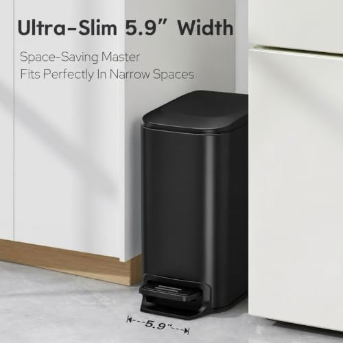 TIPGO Small Bathroom Trash Can with Lid, 1.6 Gal, Soft Close, Matte Black