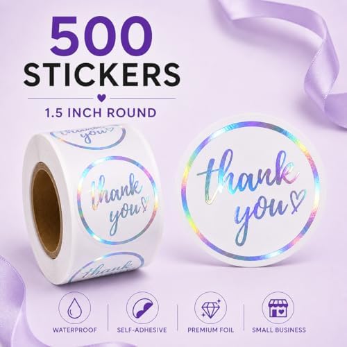 Holographic Thank You Stickers, 500 Count, 1.5 Inch Iridescent Foil