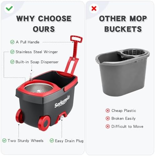 Spin Mop and Bucket Set with 6 Microfiber Heads, Dark Grey