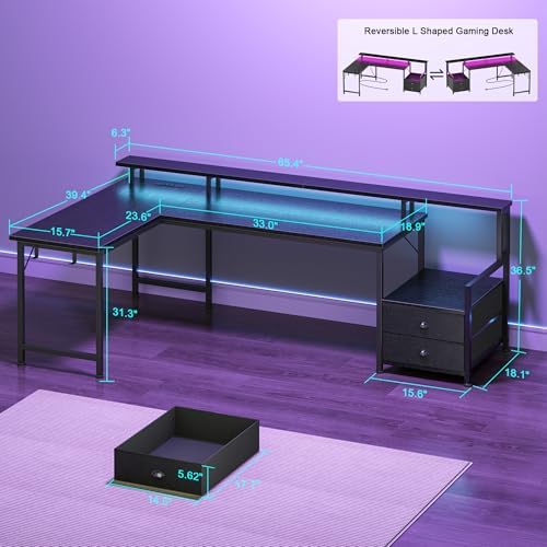 Korfile 66'' L Shaped Gaming Desk with Storage Drawers, Power Outlets, LED