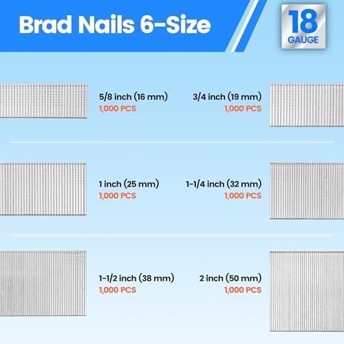 meite 18 Gauge Brad Nails, 6 Sizes (5/8",3/4",1",1-1/4",1-1/2",2") 6,000Pcs