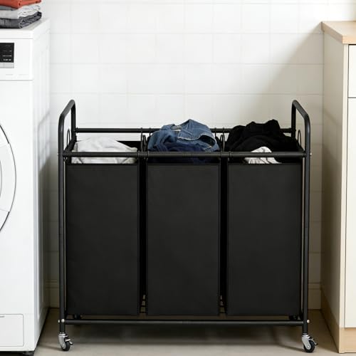 LINZINAR 3 Section Laundry Hamper, Black Laundry Basket 135L Laundry Sorter