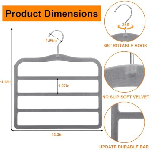 Velvet Pants Hangers Space Saving, 2-Pack Multi-Tier Closet Organizers,Grey