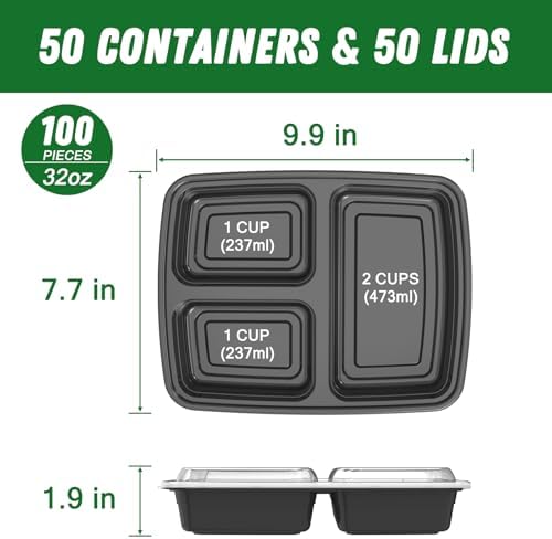 Dealusy 50 Pack 32 oz Meal Prep Containers with Lids 3-Compartment, Black