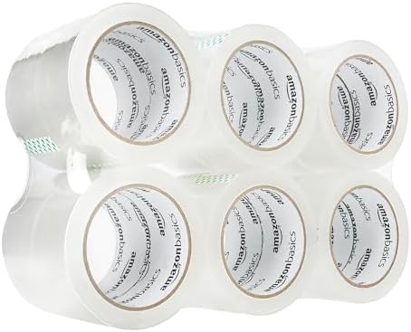 Amazon Basics Strong Plastic Adhesive Packing Tape for Shipping, Sealing Boxes, Moving and Storage, Clear, Low Odor, 1.88 in x 54.6 yds, 12-Pack