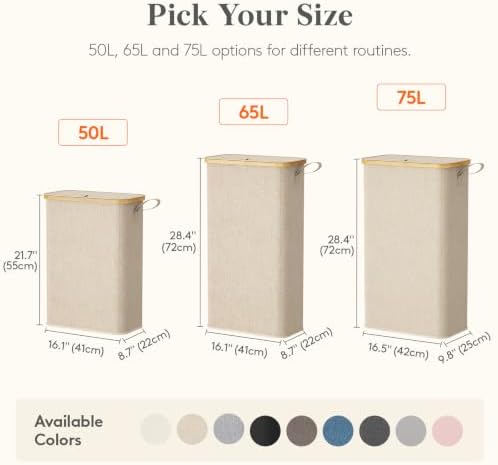 Lifewit 65L Slim Laundry Hamper with Lid and Removable Bag, Beige
