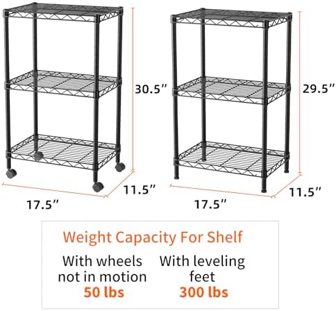 SINGAYE 3 Shelves Storage Shelf Wire Shelving Unit Metal Adjustable Wheels