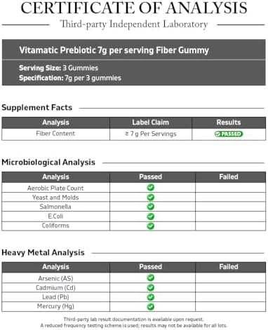Vitamatic Prebiotic Fiber Gummies for Adults, 7G Extra Strength, Zero Sugar Added, 240 Pectin Based Gummies, Digestive Health & Regularity Support