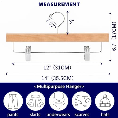 Amber Home 24 Pack Natural Wooden Pants Hangers with Adjustable Clips, 14"