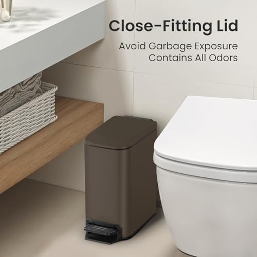 Cesun Small Bathroom Trash Can with Lid, 1.6 Gal, Soft Close, Brown