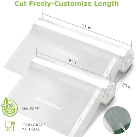Bonsenkitchen Vacuum Sealer Rolls bags, 3 Rolls 11"x 20'+ 3 Rolls 8"x 20'