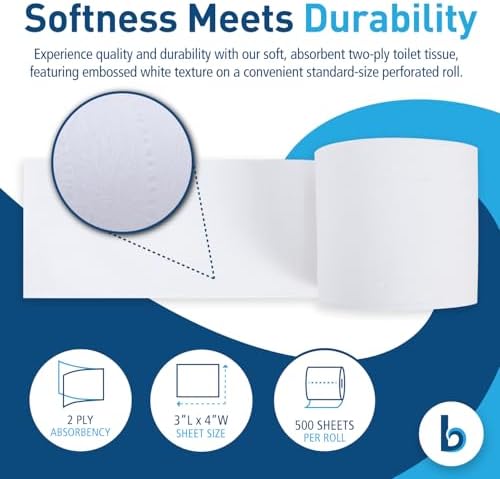 Boardwalk 2-Ply Bathroom Toilet Paper Tissue, Septic Safe, 500 Sheets/Roll, Bulk Quantity 96 Rolls/Carton, 4" x 3", White