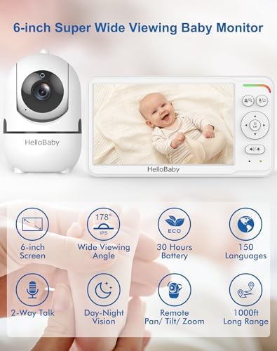 HelloBaby 6'' No WiFi Video Baby Monitor with Camera Audio, 30H Battery